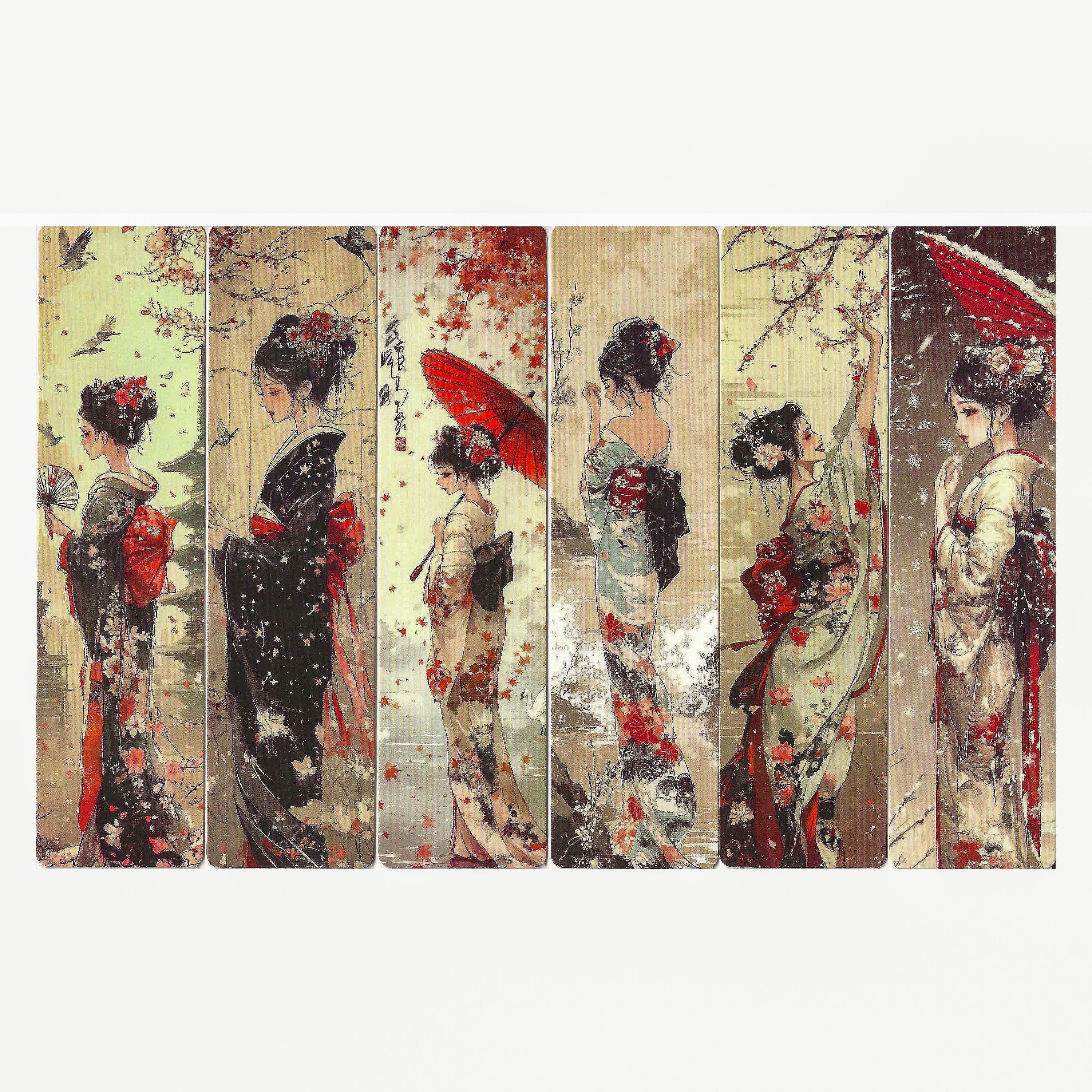 Lot de 6 marque-pages 15*4cm, impression 1 face sur papier cartonné épais, les belles japonaises dans leurs habits traditionnels