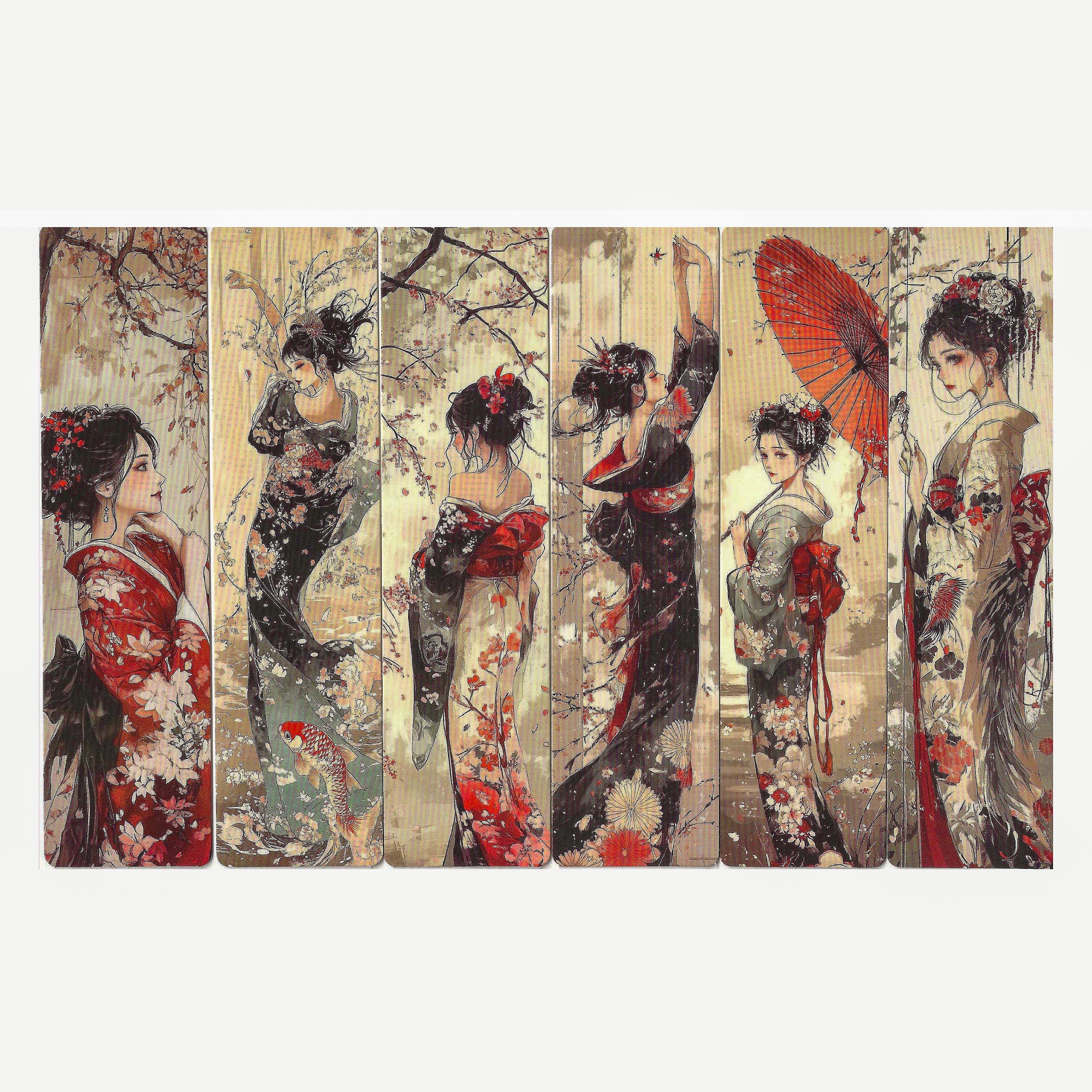 Lot de 6 marque-pages 15*4cm, impression 1 face sur papier cartonné épais, les belles japonaises dans leurs habits traditionnels