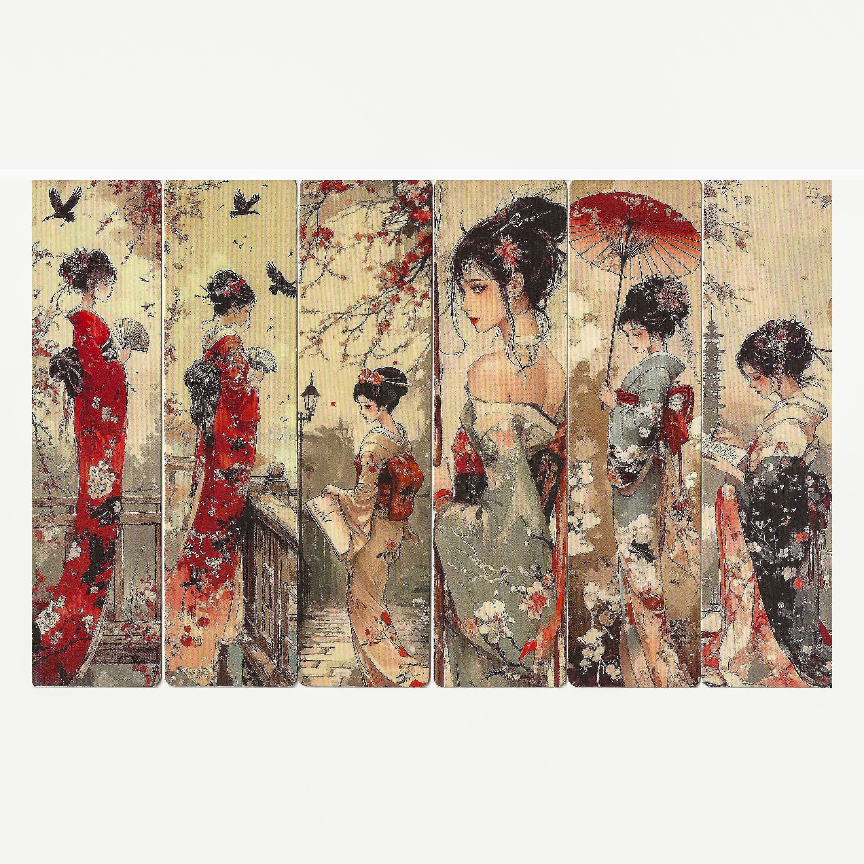 Lot de 6 marque-pages 15*4cm, impression 1 face sur papier cartonné épais, les belles japonaises dans leurs habits traditionnels