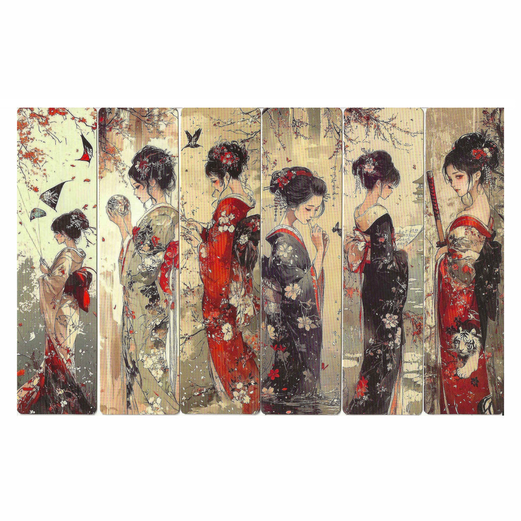 Lot de 6 marque-pages 15*4cm, impression 1 face sur papier cartonné épais, les belles japonaises dans leurs habits traditionnels