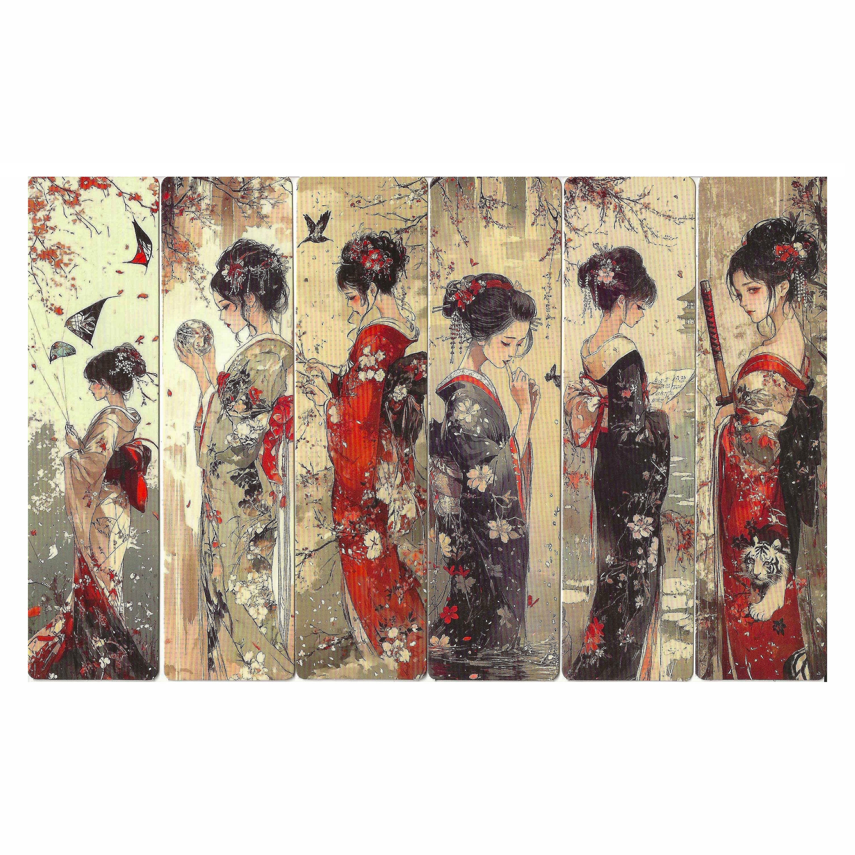 Lot de 6 marque-pages 15*4cm, impression 1 face sur papier cartonné épais, les belles japonaises dans leurs habits traditionnels