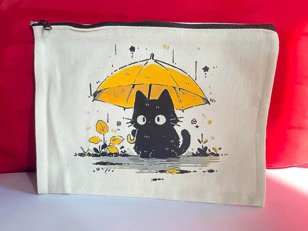 Trousse multifonctions souple en toile/coton impression 1 face, chaton n’aime pas la pluie 26*18cm