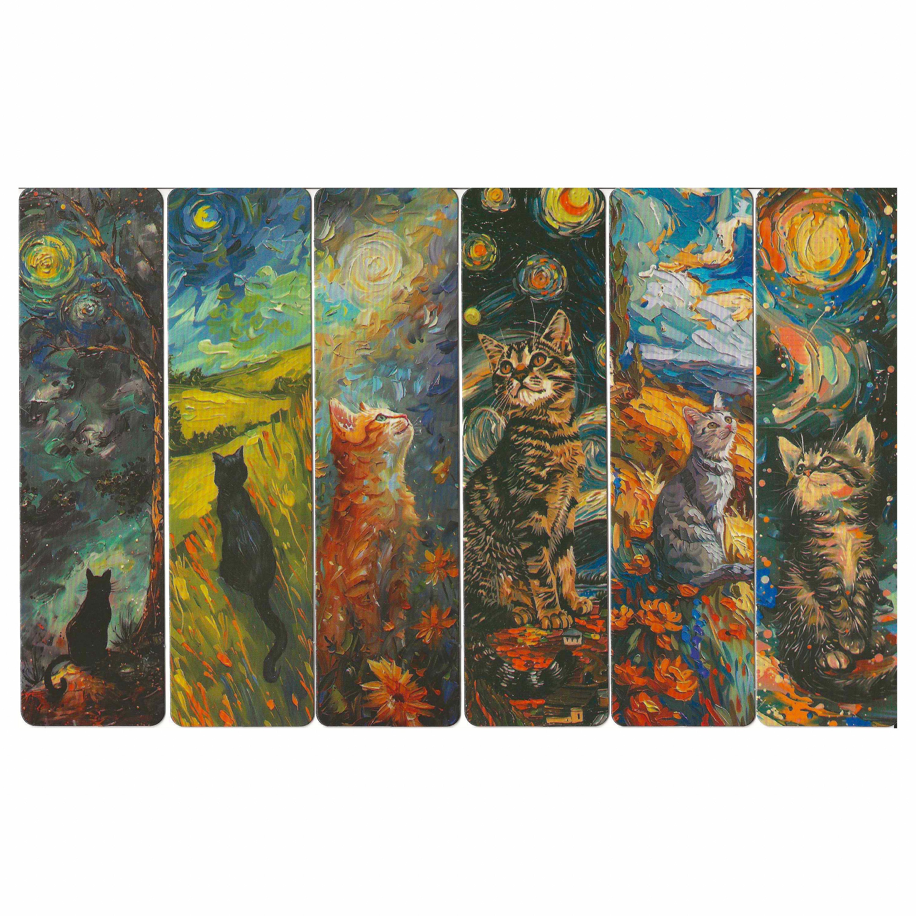 Lot de 6 marque-pages 15*4cm, impression 1 face sur papier cartonné épais, portraits de chats dans l'environnement de Van Gogh