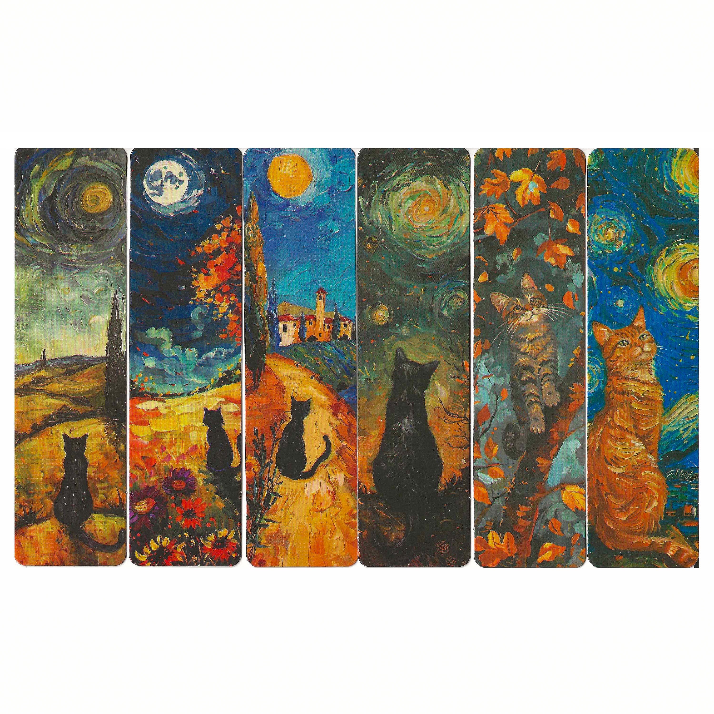 Lot de 6 marque-pages 15*4cm, impression 1 face sur papier cartonné épais, portraits de chats dans l'environnement de Van Gogh