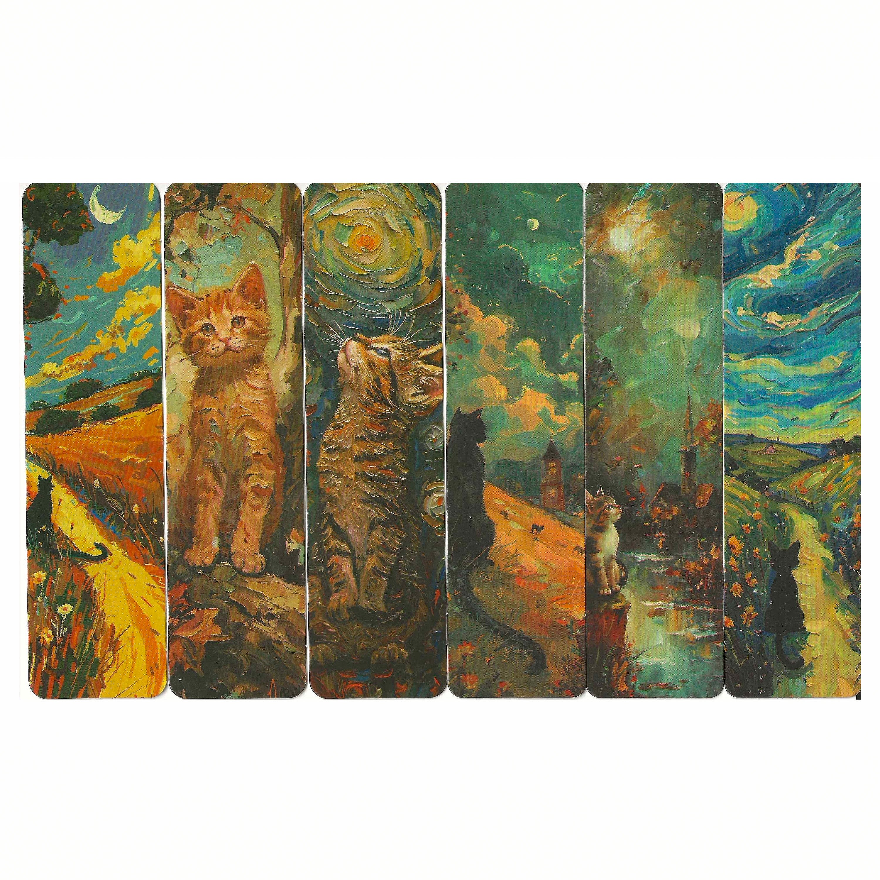 Lot de 6 marque-pages 15*4cm, impression 1 face sur papier cartonné épais, portraits de chats dans l'environnement de Van Gogh