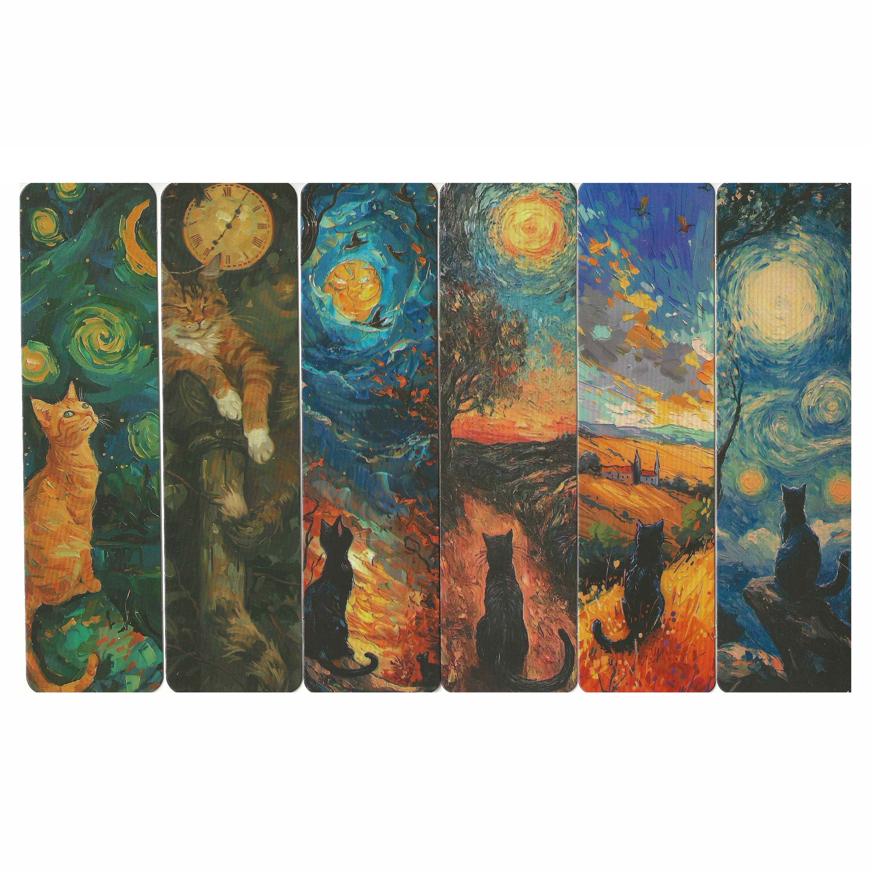 Lot de 6 marque-pages 15*4cm, impression 1 face sur papier cartonné épais, portraits de chats dans l'environnement de Van Gogh