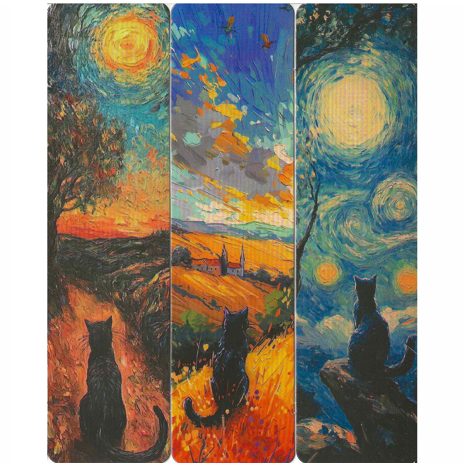 Lot de 6 marque-pages 15*4cm, impression 1 face sur papier cartonné épais, portraits de chats dans l'environnement de Van Gogh