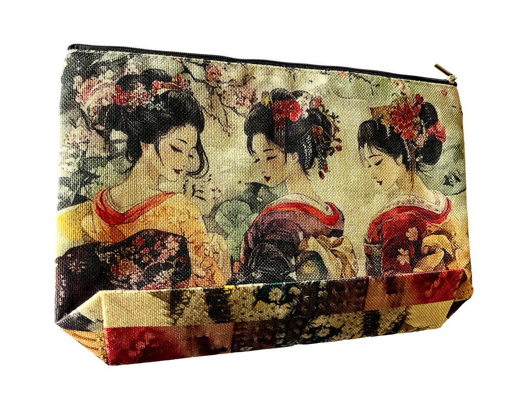 Trousse cosmétiques multifonctions en toile, 27,5*18cm, fond 5,5cm, impression double face, portrait de trois belles japonaises en habits traditionnels