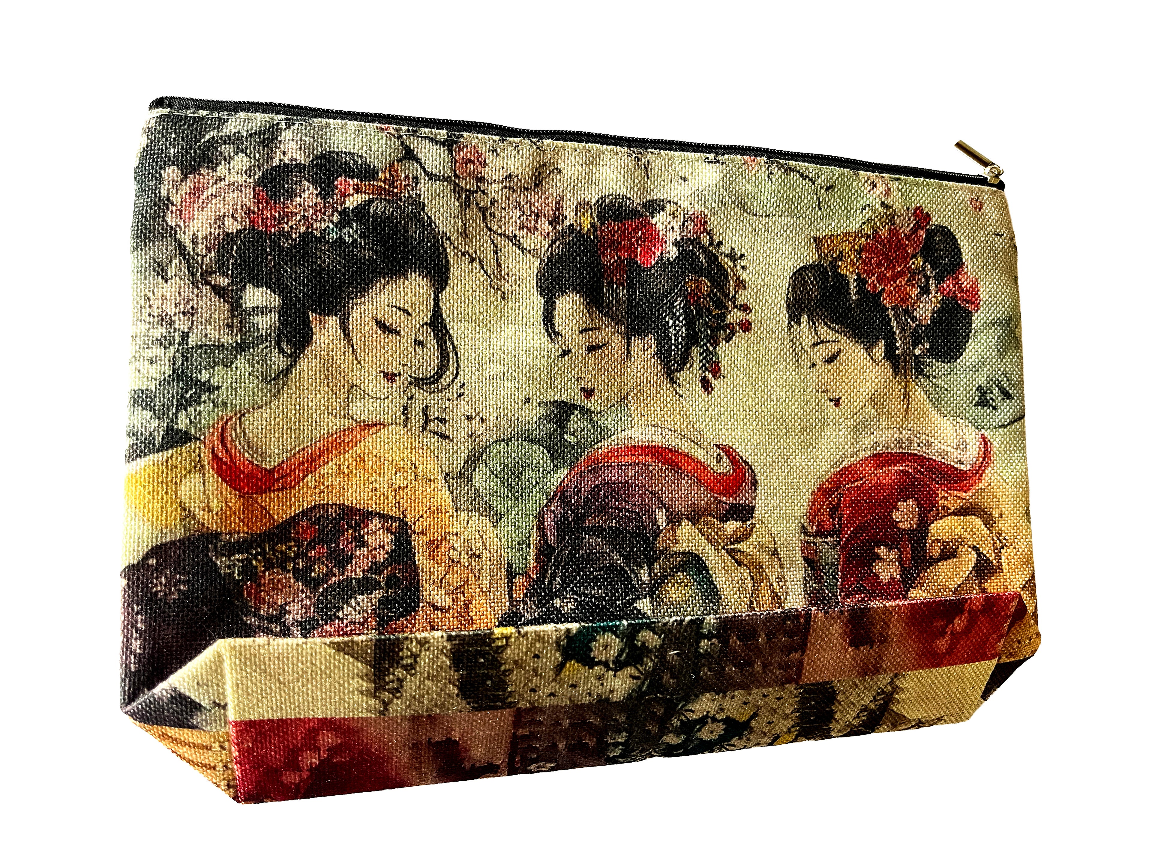Trousse cosmétiques multifonctions en toile, 27,5*18cm, fond 5,5cm, impression double face, portrait de trois belles japonaises en habits traditionnels