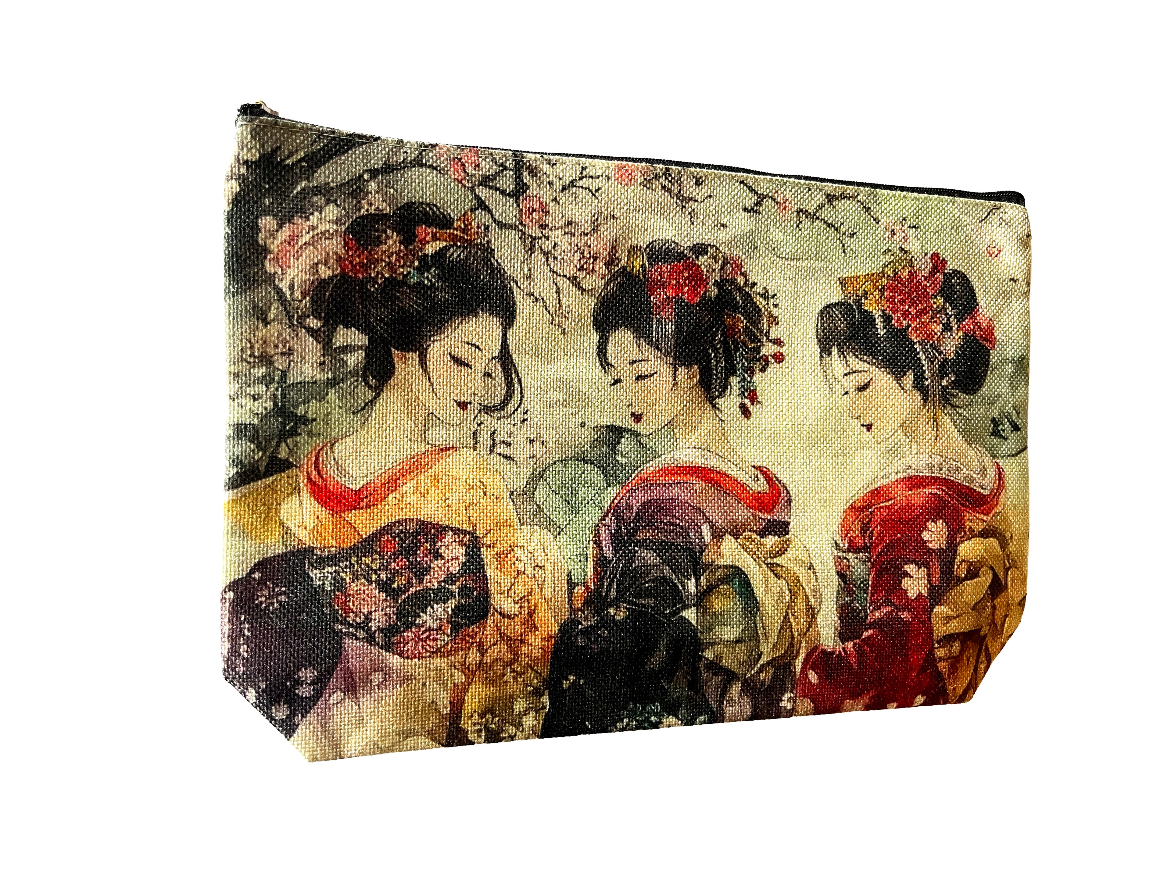 Trousse cosmétiques multifonctions en toile, 27,5*18cm, fond 5,5cm, impression double face, portrait de trois belles japonaises en habits traditionnels