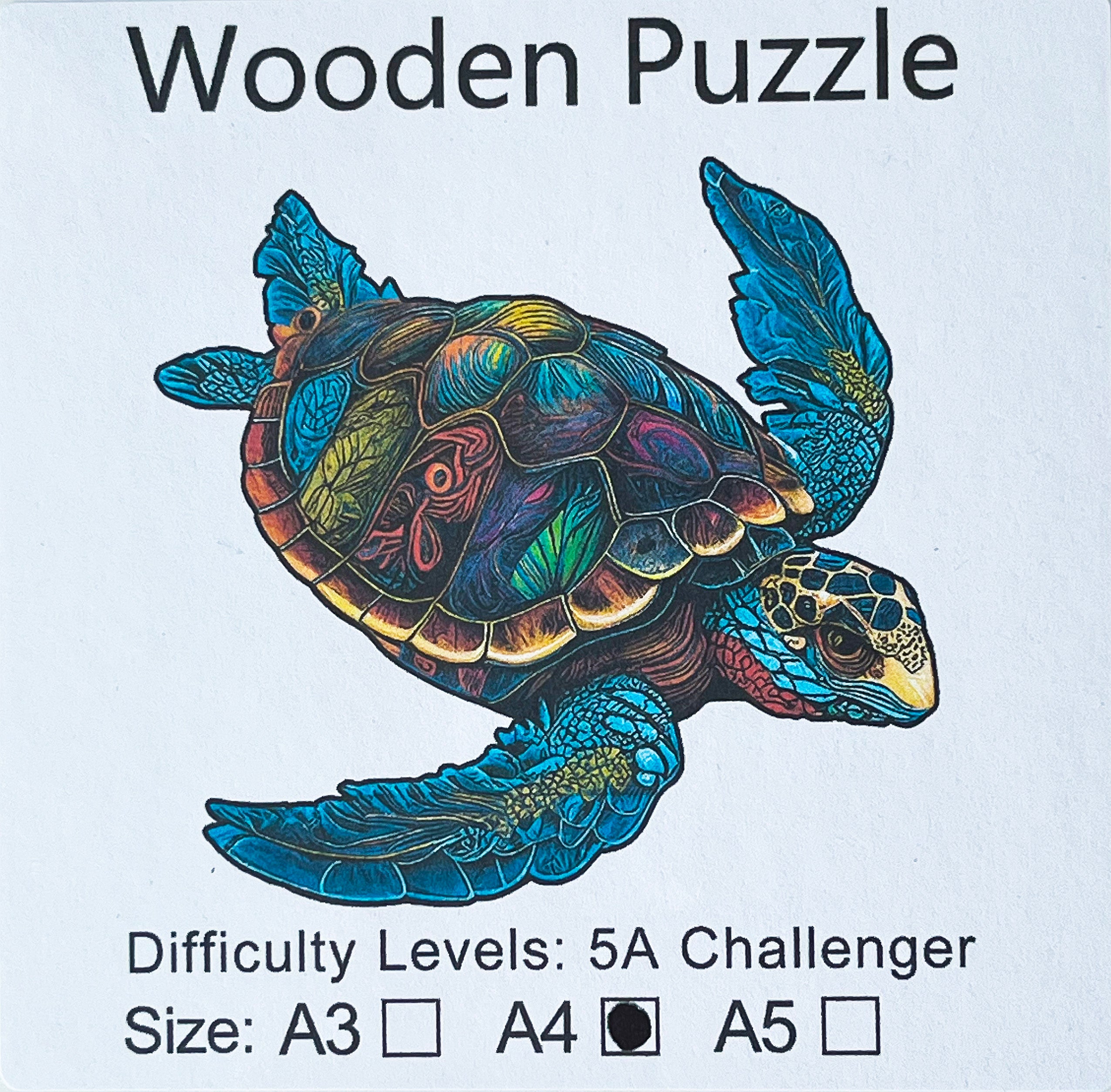 Puzzle A4 en bois laminé dans une boîte cartonnée avec sac de transport et reproduction. Pièces irrégulières uniques rendant l'assemblage encore plus enrichissant, La Tortue de mer