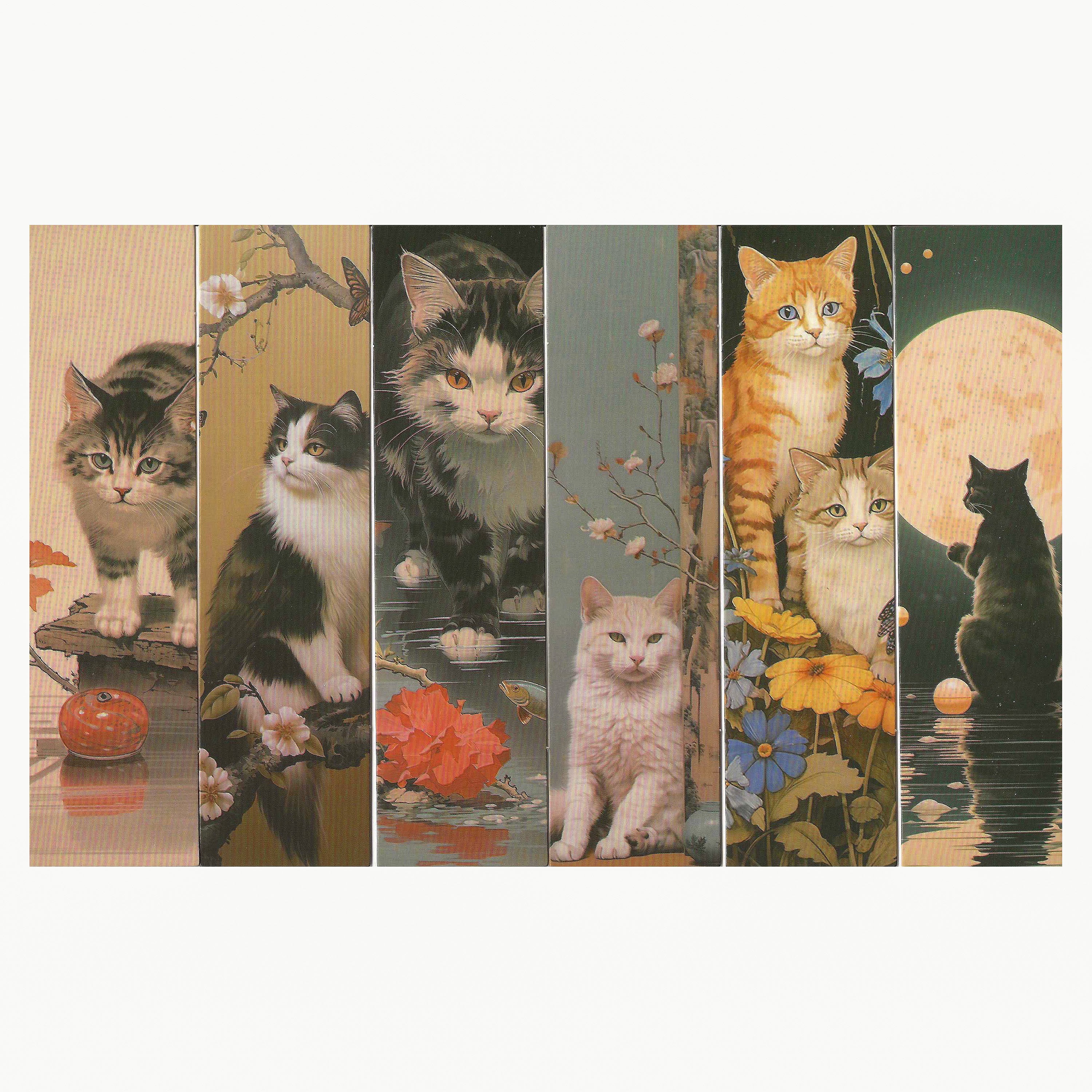 Lot de 6 marque-pages 15*4cm, impression 1 face, papier cartonné épais, portraits de chats dans l'esprit studio photo